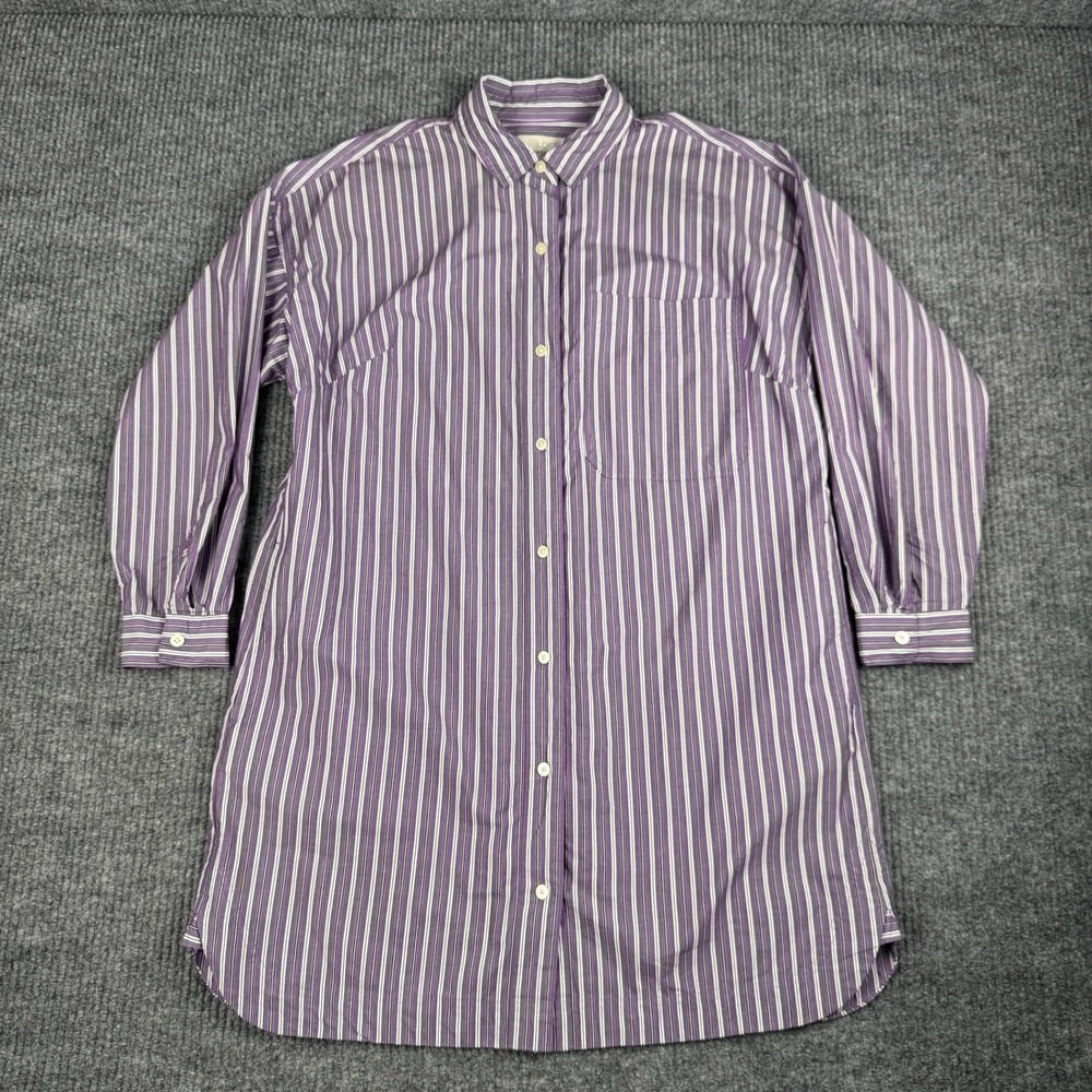 LOFT Shirt Dress Womens 8 Purple Striped Long Sleeve Button Front Cotton Pockets